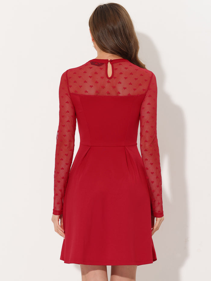 Allegra K Party Heart Mesh Sheer Sleeve Crew Neck Skater Short Dress