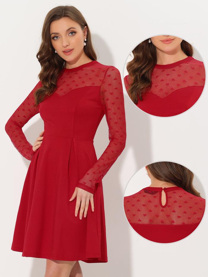 Allegra K Party Heart Mesh Sheer Sleeve Crew Neck Skater Short Dress