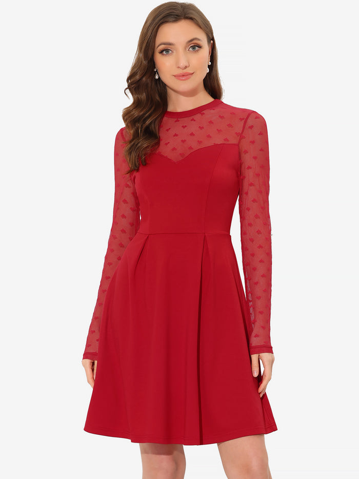Allegra K Party Heart Mesh Sheer Sleeve Crew Neck Skater Short Dress