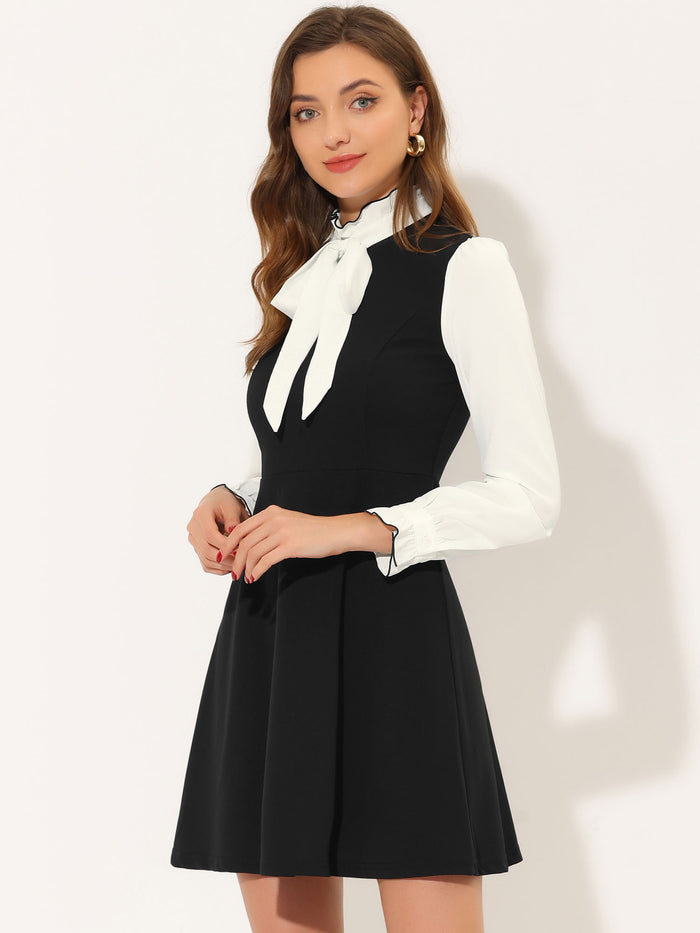 Allegra K Patchwork Contrast Color Long Sleeve Tie Neck Mini Dress