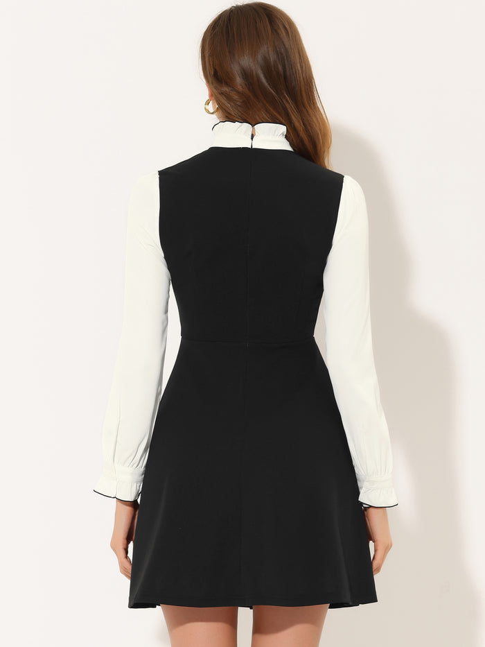 Allegra K Patchwork Contrast Color Long Sleeve Tie Neck Mini Dress