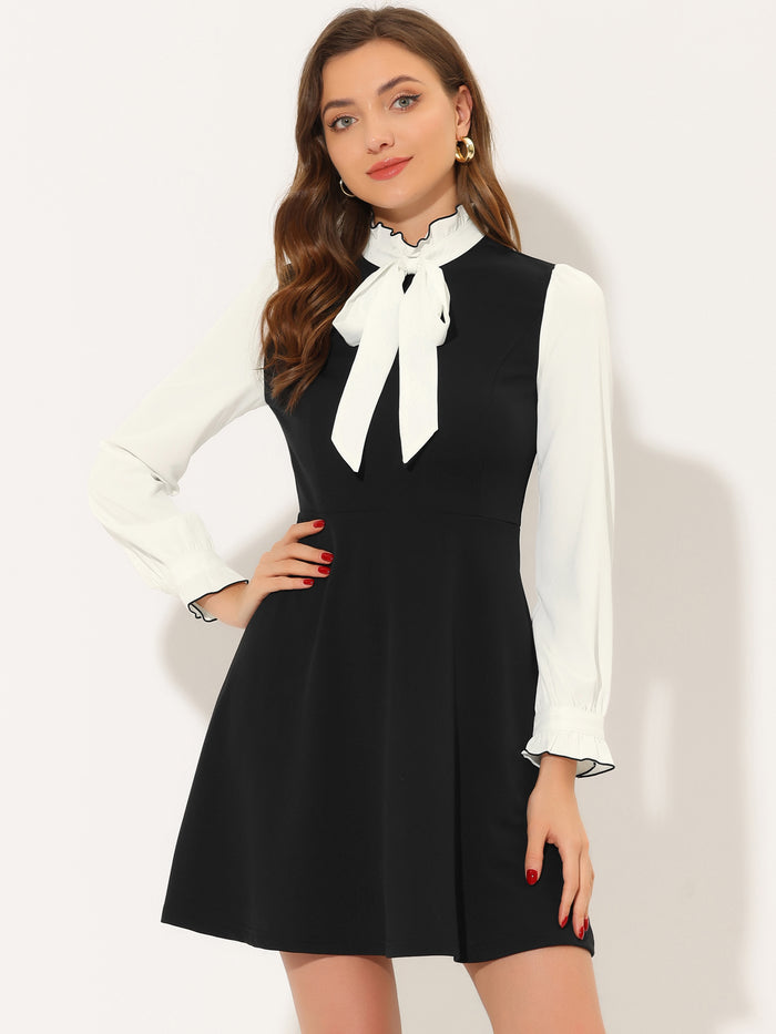 allegra k Patchwork Contrast Color Long Sleeve Tie Neck Mini Dress