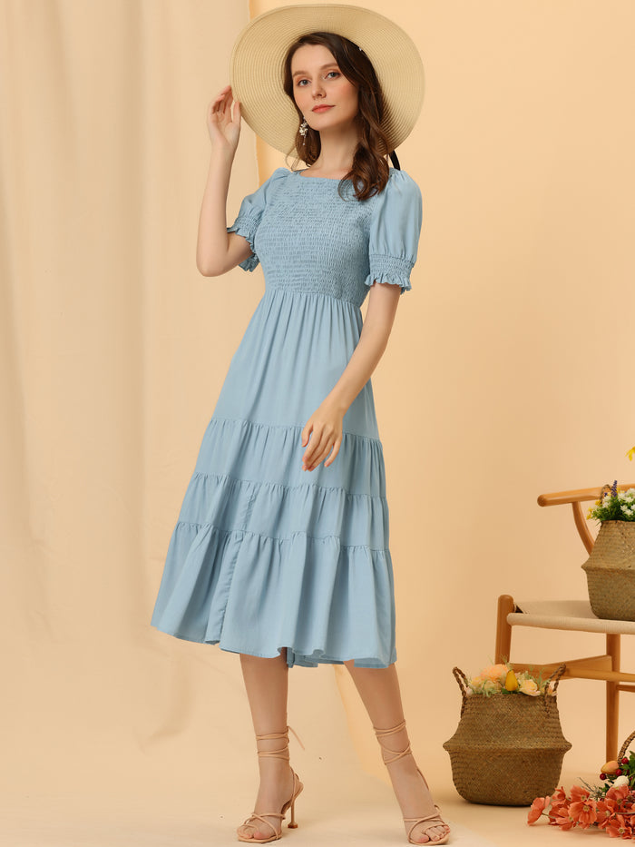 Allegra K Peasant Smocked Short Sleeve Midi Summer Casual Tiered A-Line Dress