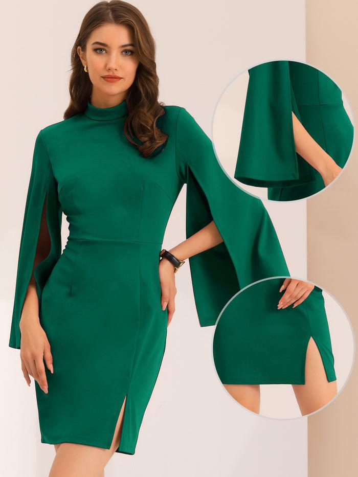 Allegra K Pencil Business Long Split Sleeve Slim Fit Mini Bodycon Dress