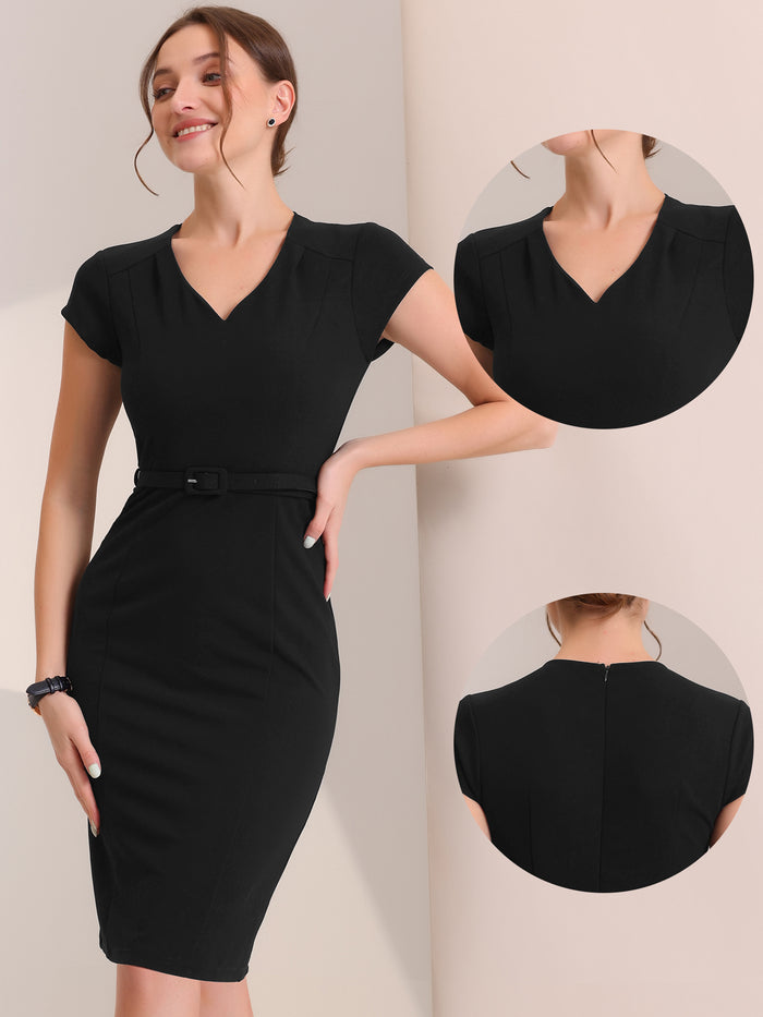 Allegra K Pencil V Neck Cap Sleeve Work Business Bodycon Sheath Dress