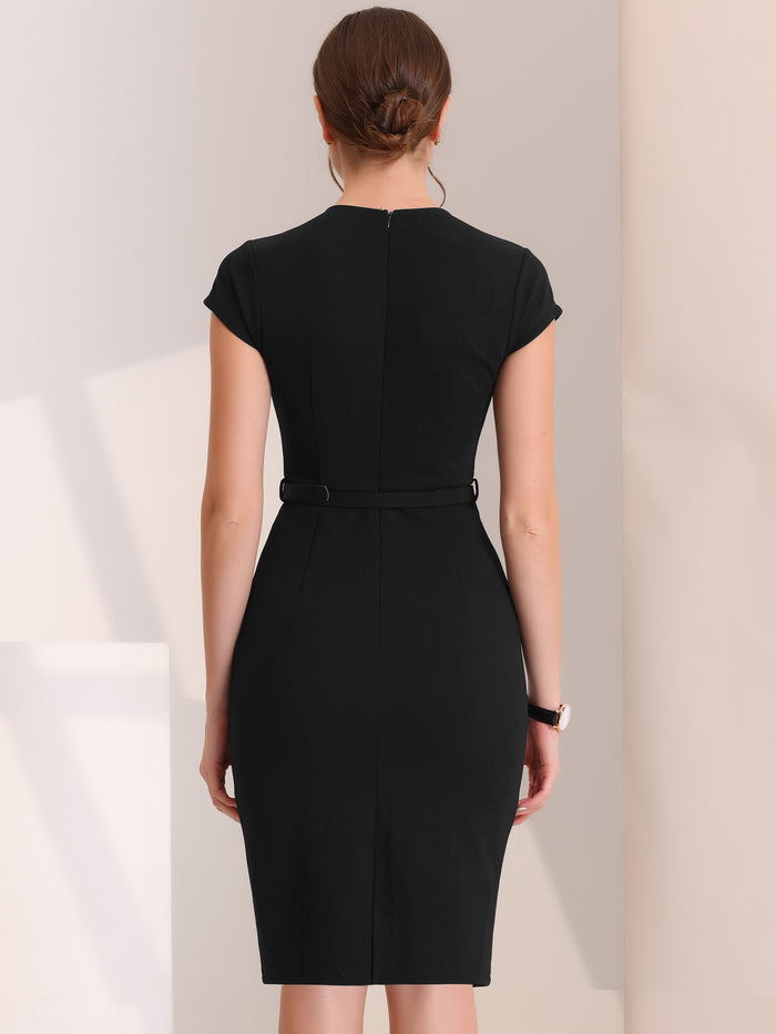 Allegra K Pencil V Neck Cap Sleeve Work Business Bodycon Sheath Dress