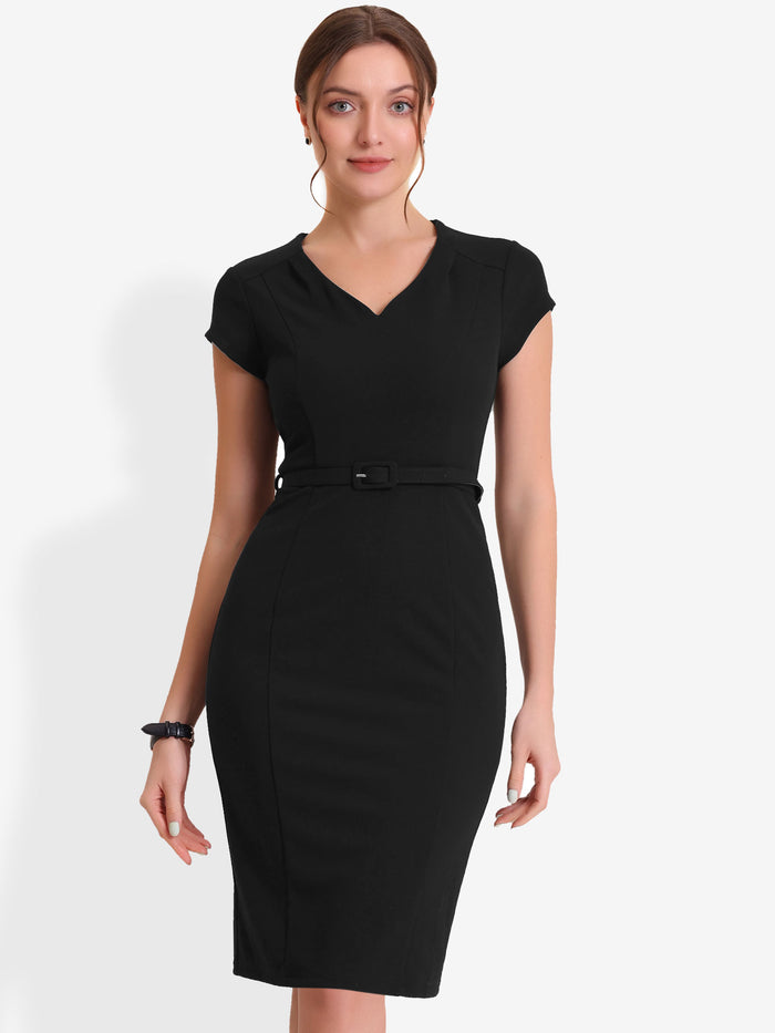 allegra k Pencil V Neck Cap Sleeve Work Business Bodycon Sheath Dress