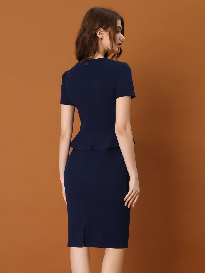 Allegra K Peplum Sweetheart Neck Short Sleeve Work Office Sheath Dress