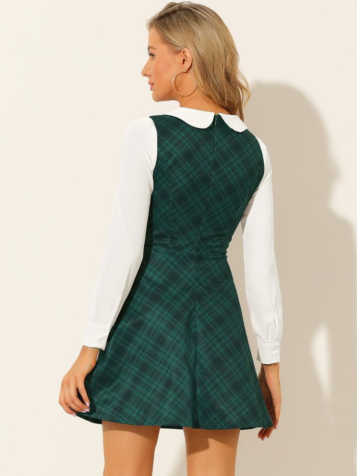 Allegra K Peter Pan Collar Contrast Color Button Decor Plaid Dress