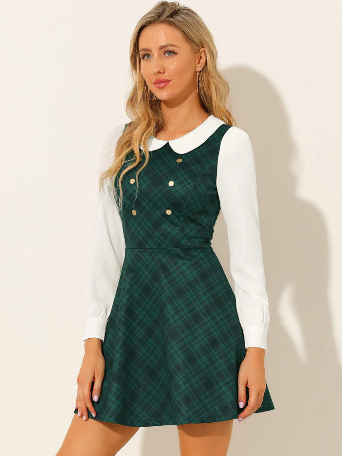 allegra k Peter Pan Collar Contrast Color Button Decor Plaid Dress