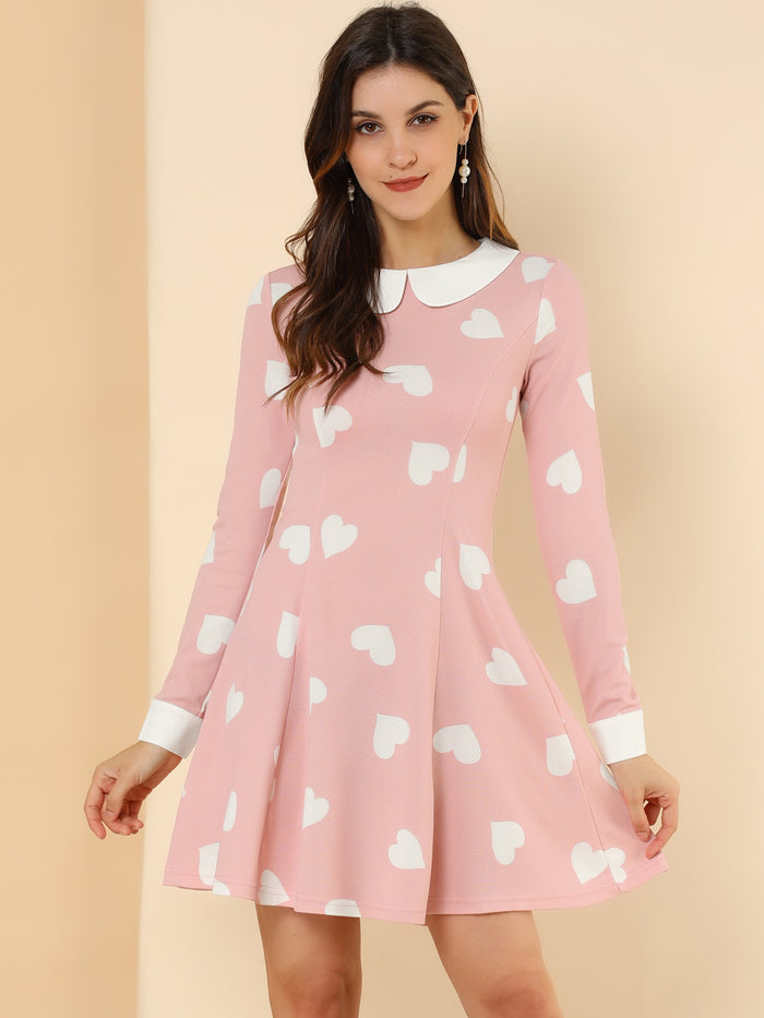 allegra k Peter Pan Collar Contrast Printed A-Line Short Dress