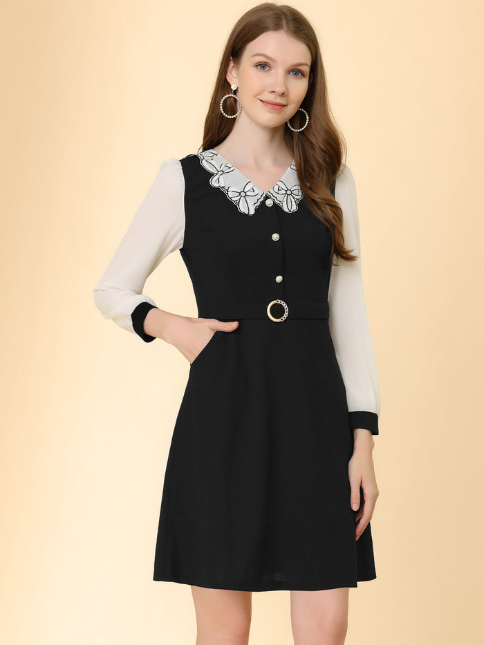allegra k Peter Pan Collar Elegant Contract Panel Pockets A-Line Dress