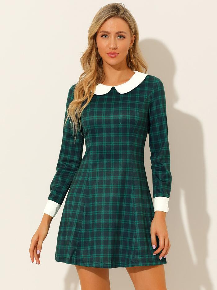 Allegra K Peter Pan Collar Fit And Flare Mini Plaid Tartan Dress
