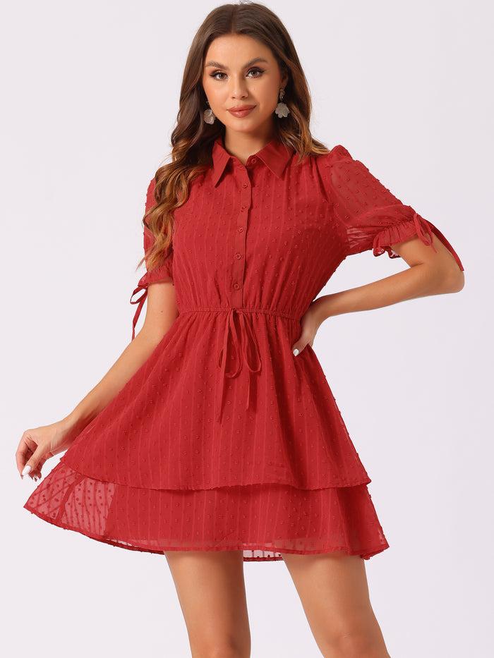 allegra k Peter Pan Collar Floral Drawstring Chiffon Layered Dress