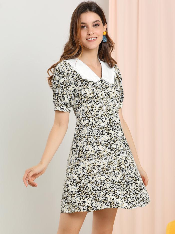 Allegra K Peter Pan Collar Flowy Short Sleeve Ruffle Summer Floral Shirt Dress