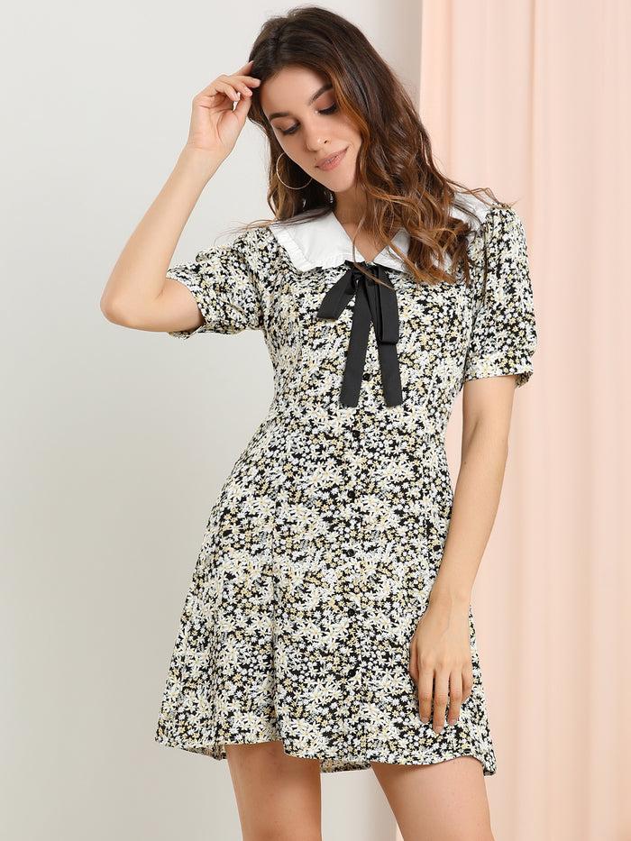 Allegra K Peter Pan Collar Flowy Short Sleeve Ruffle Summer Floral Shirt Dress