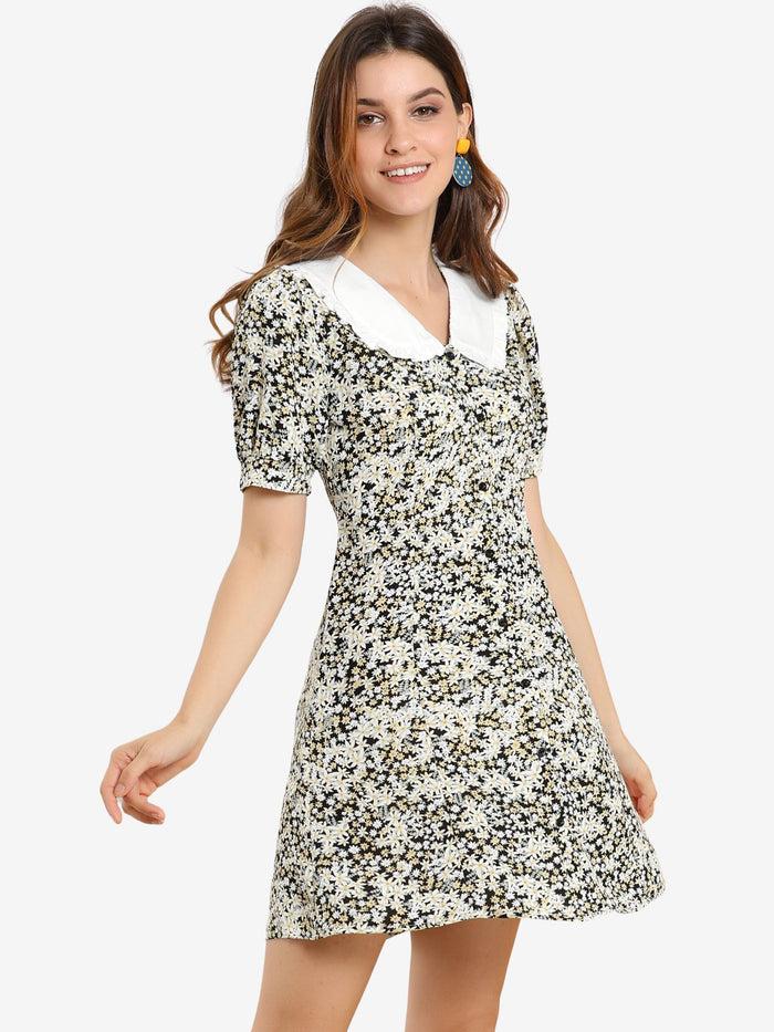 allegra k Peter Pan Collar Flowy Short Sleeve Ruffle Summer Floral Shirt Dress