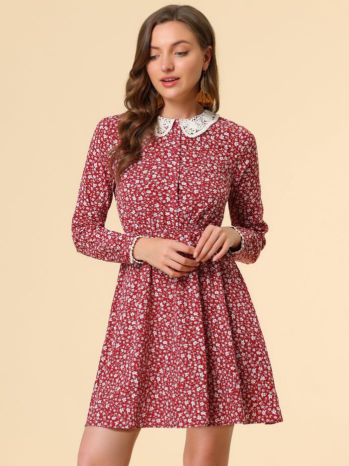 Allegra K Peter Pan Collar Long Sleeve Half Placket Floral Dress With Belt