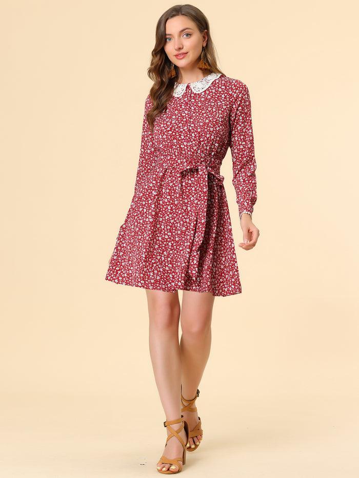 Allegra K Peter Pan Collar Long Sleeve Half Placket Floral Dress With Belt