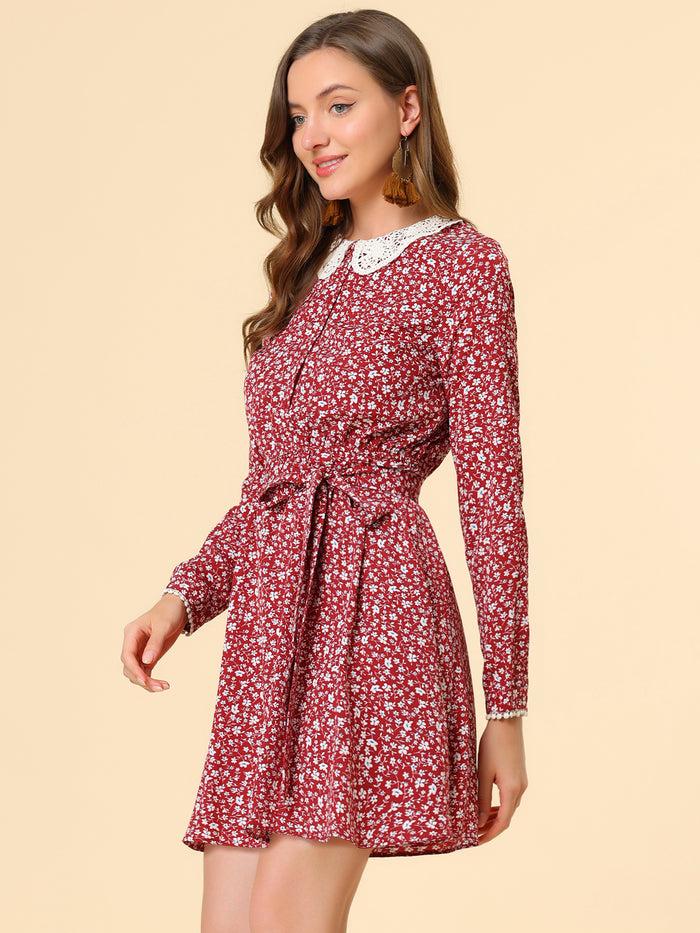 Allegra K Peter Pan Collar Long Sleeve Half Placket Floral Dress With Belt