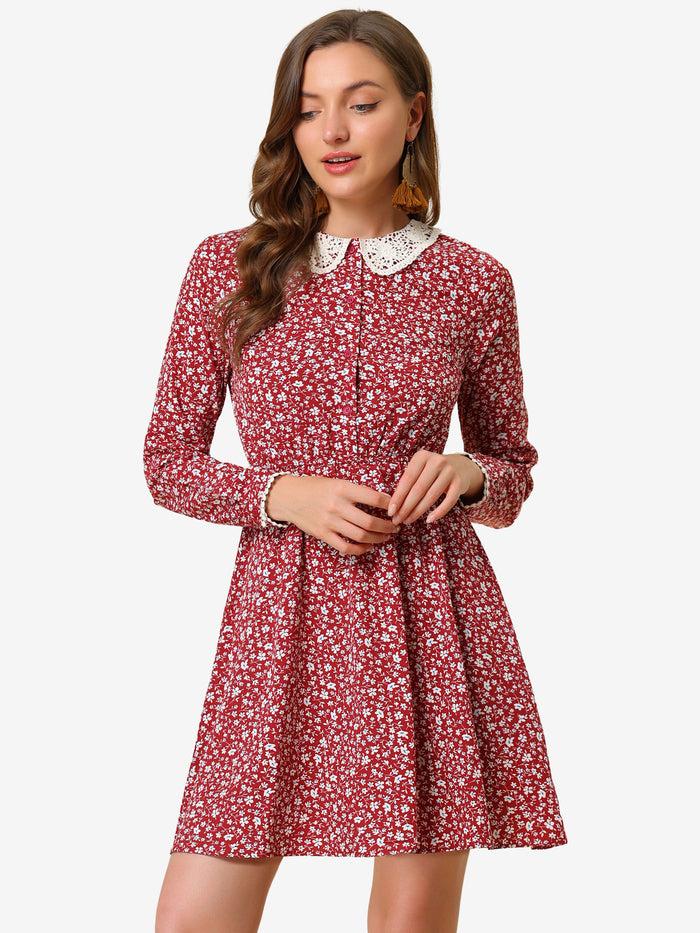 allegra k Peter Pan Collar Long Sleeve Half Placket Floral Dress with Belt