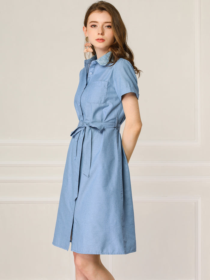 Allegra K Peter Pan Collar Shift Button-Down Bow Tie Waist Cotton Dress