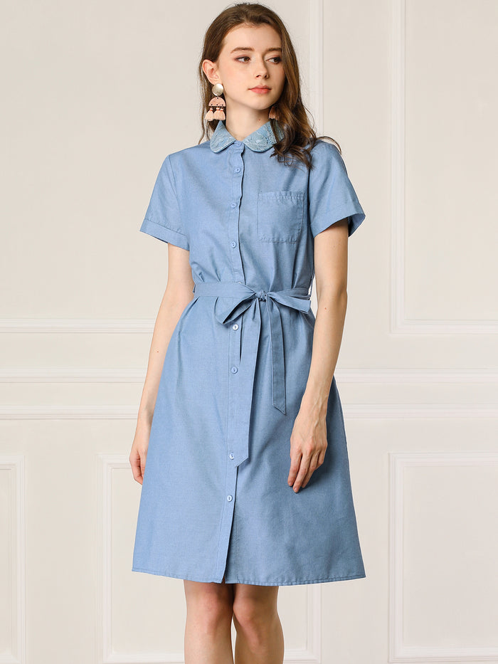 Allegra K Peter Pan Collar Shift Button-Down Bow Tie Waist Cotton Dress