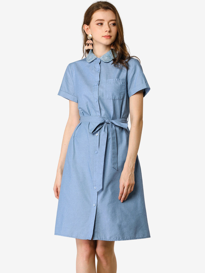 allegra k Peter Pan Collar Shift Button-Down Bow Tie Waist Cotton Dress