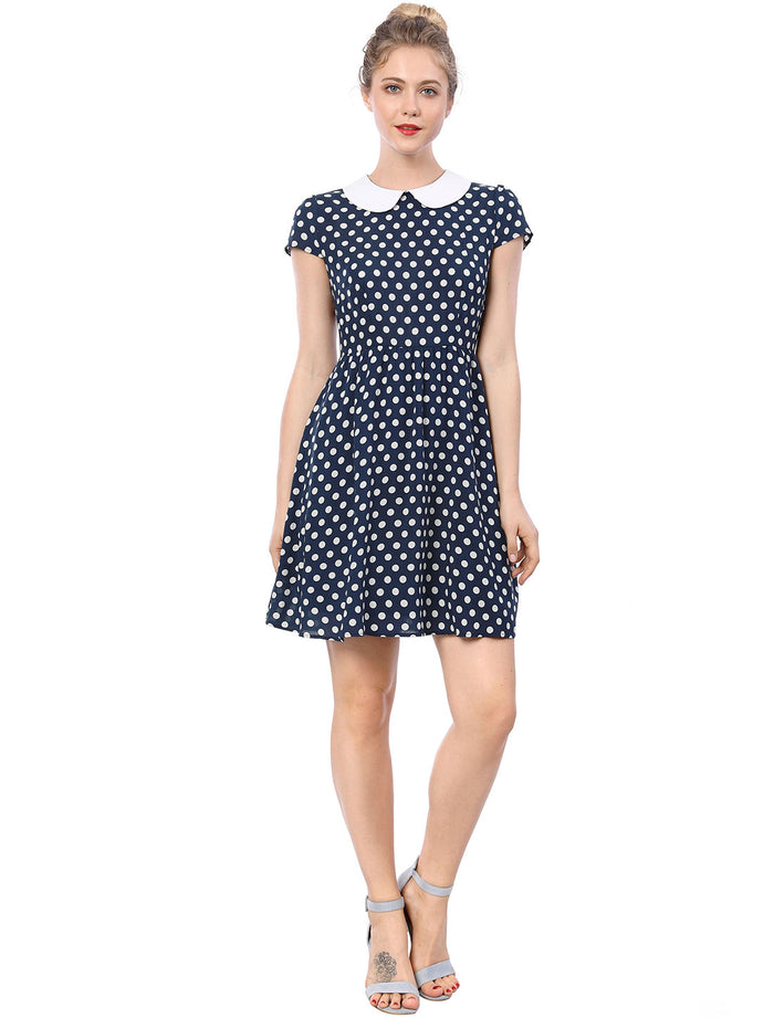 Allegra K Peter Pan Collar Short Sleeve Contrast A-Line Polka Dots Dress