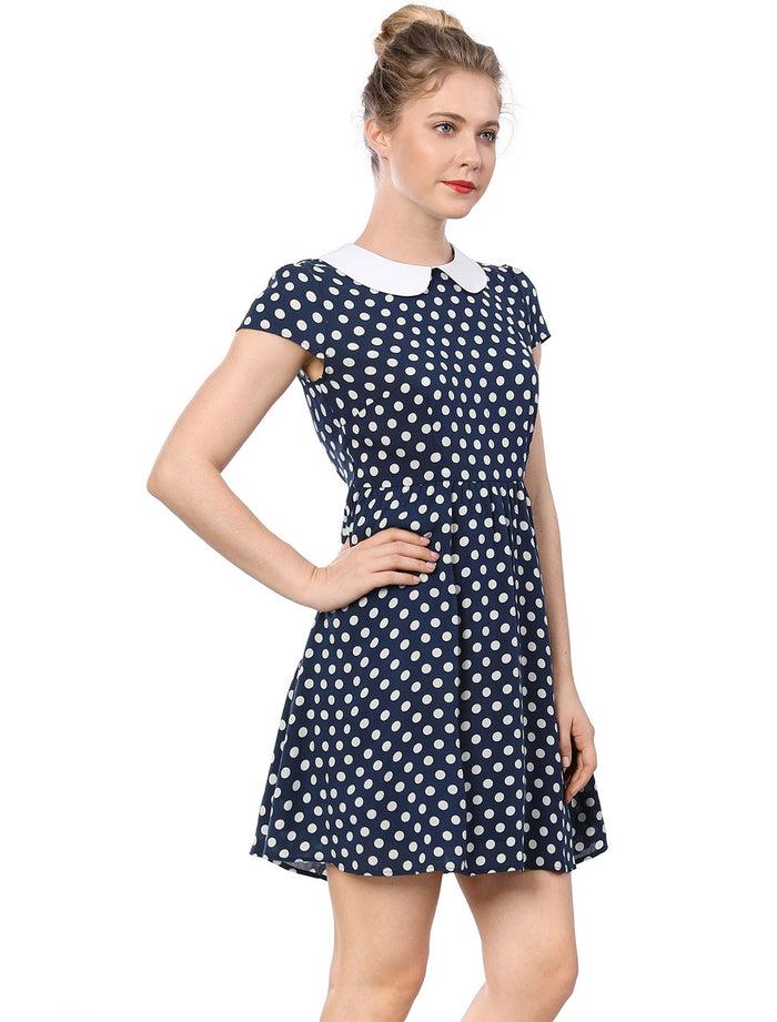 Allegra K Peter Pan Collar Short Sleeve Contrast A-Line Polka Dots Dress