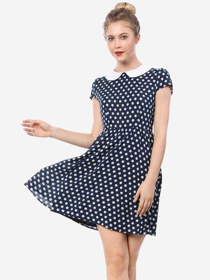 allegra k Peter Pan Collar Short Sleeve Contrast A-Line Polka Dots Dress