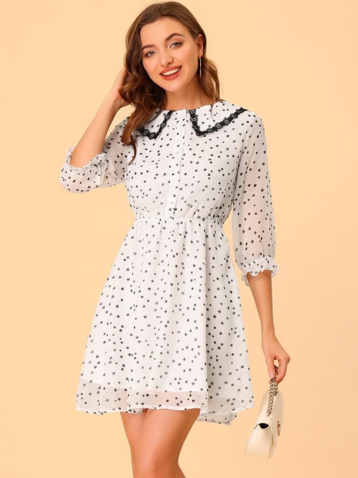 Allegra K Peter Pan Collar Star Heart Printed 3/4 Sleeve Chiffon Dress