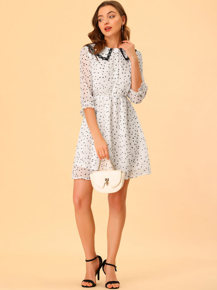Allegra K Peter Pan Collar Star Heart Printed 3/4 Sleeve Chiffon Dress
