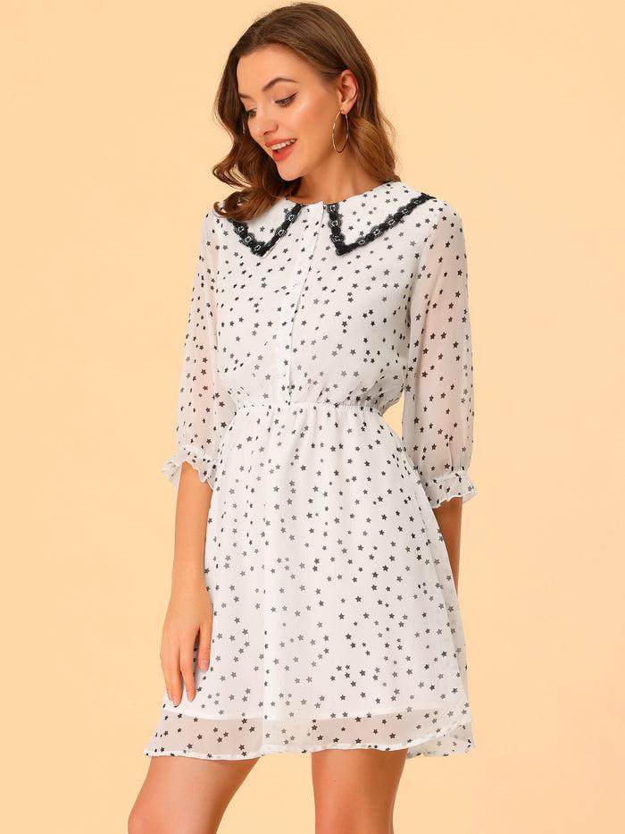 Allegra K Peter Pan Collar Star Heart Printed 3/4 Sleeve Chiffon Dress