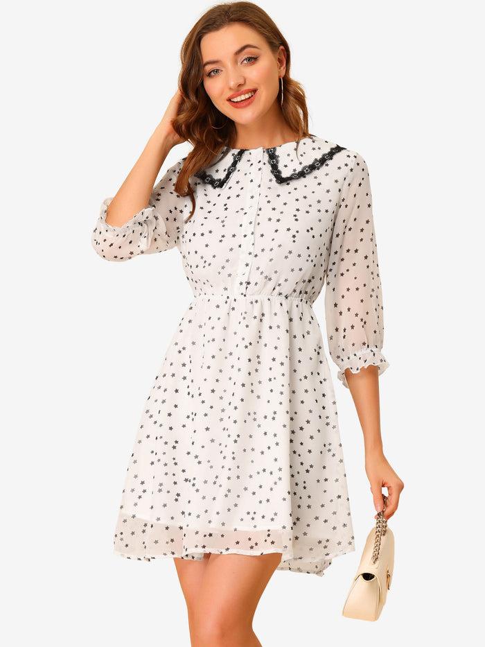 allegra k Peter Pan Collar Star Heart Printed 3/4 Sleeve Chiffon Dress