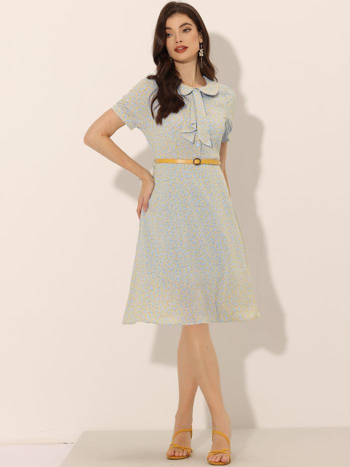 Allegra K Peter Pan Collar Tie Neck Short Sleeve A-Line Belted Floral Dress