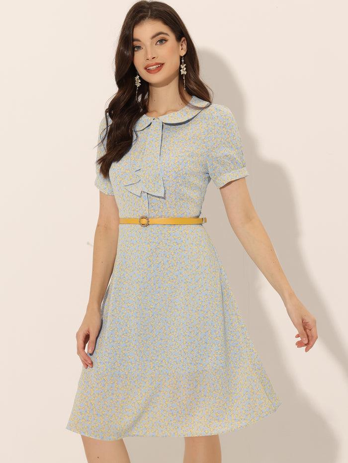 allegra k Peter Pan Collar Tie Neck Short Sleeve A-Line Belted Floral Dress