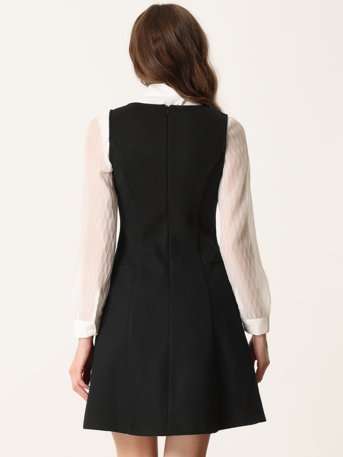 Allegra K Pinafore A-Line Double Breasted Overall Suspender Dress