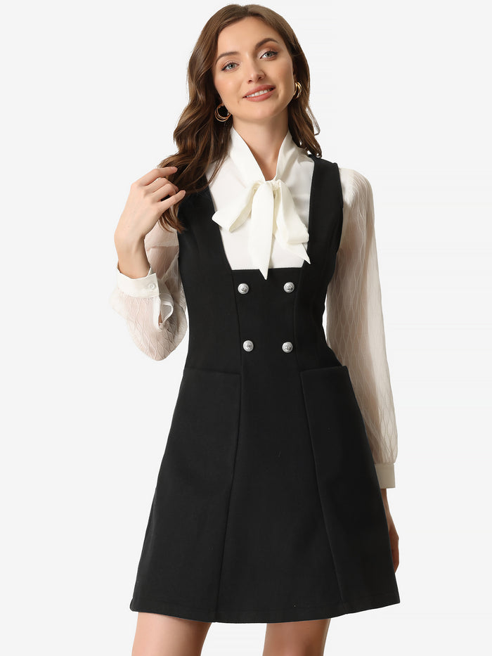Allegra K Pinafore A-Line Double Breasted Overall Suspender Dress