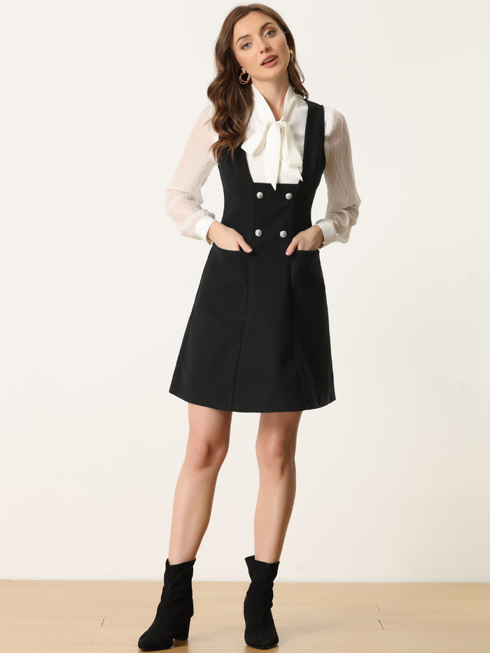allegra k Pinafore A-Line Double Breasted Overall Suspender Dress