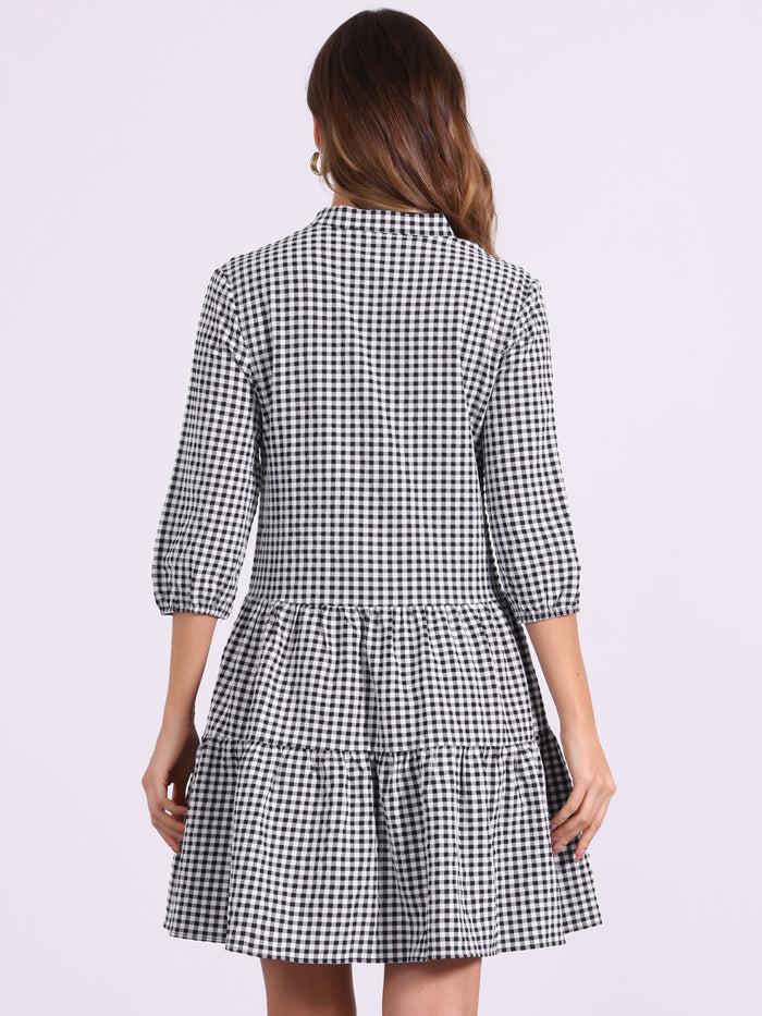 Allegra K Plaid 3/4 Sleeve Tiered A-Line Midi Shirt Dress