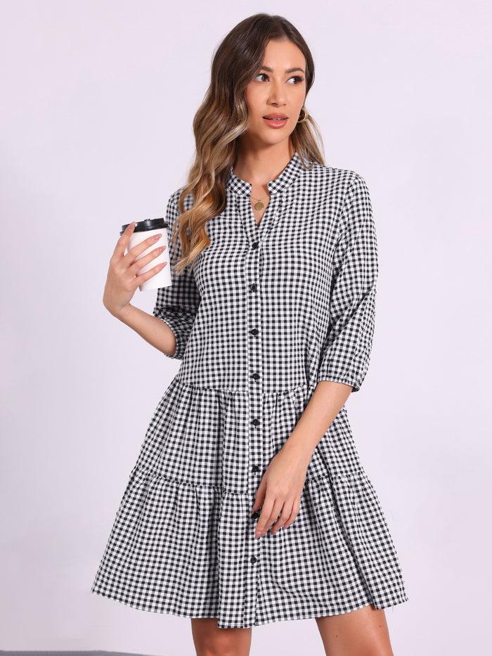 allegra k Plaid 3/4 Sleeve Tiered A-Line Midi Shirt Dress