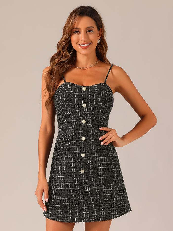 allegra k Plaid Button Decor Spaghetti Strap Tweed Dress