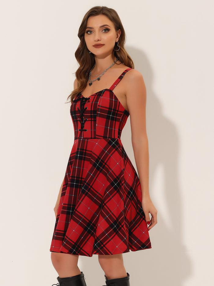 Allegra K Plaid Gothic Vintage Lace-Up Sleeveless A-Line Dress