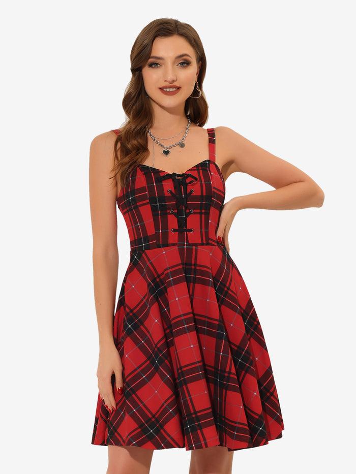allegra k Plaid Gothic Vintage Lace-Up Sleeveless A-Line Dress
