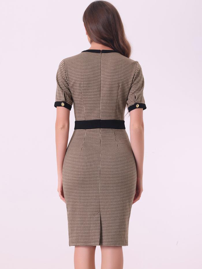 Allegra K Plaid Houndstooth Short Sleeve Contrast Bodycon Dress