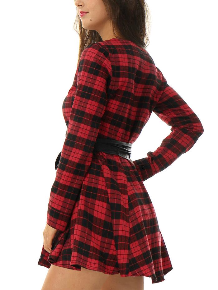 Allegra K Plaid Long Sleeve Button Down Belted Mini Shirtdress
