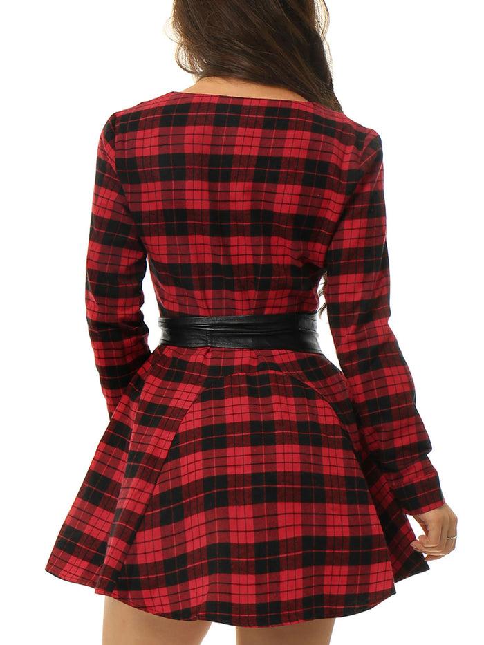 Allegra K Plaid Long Sleeve Button Down Belted Mini Shirtdress