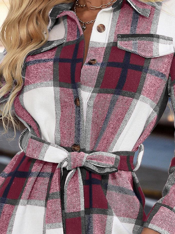 Allegra K Plaid Long Sleeves Button Down Belted Mini Shirt Dress