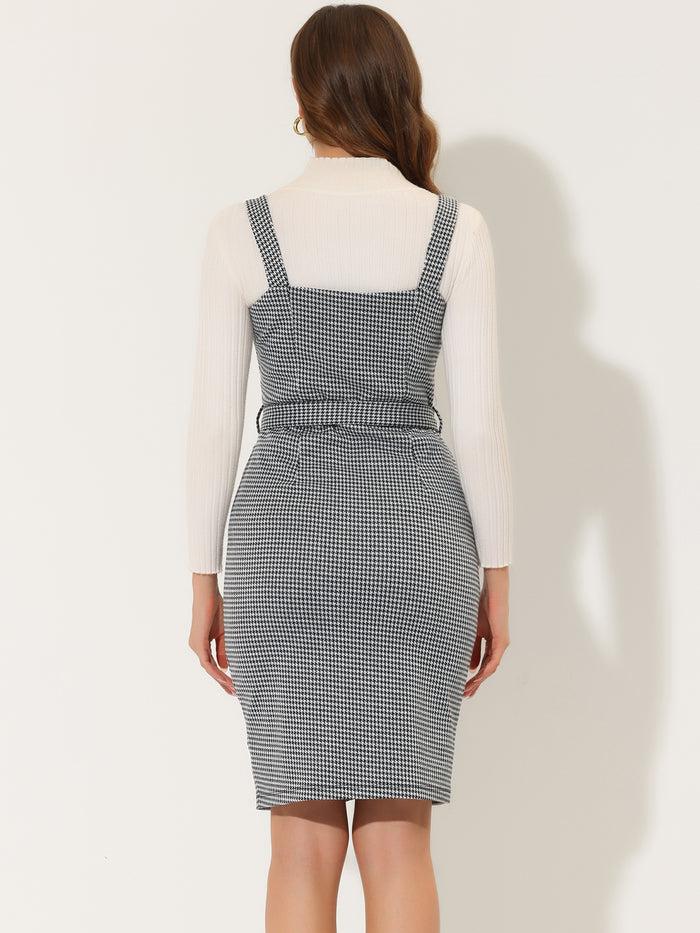 Allegra K Plaid Overall Bow Tie Waist Vintage Sheath Jumper Dress
